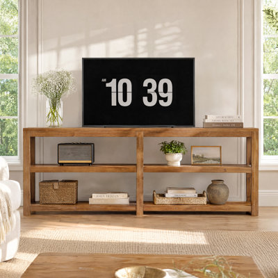 Meuble télé 78,74 po en bois massif, console rustique de style campagnard avec tablettes de rangement ouvertes à 3 niveaux, console multimédia à cadre en X pour le salon