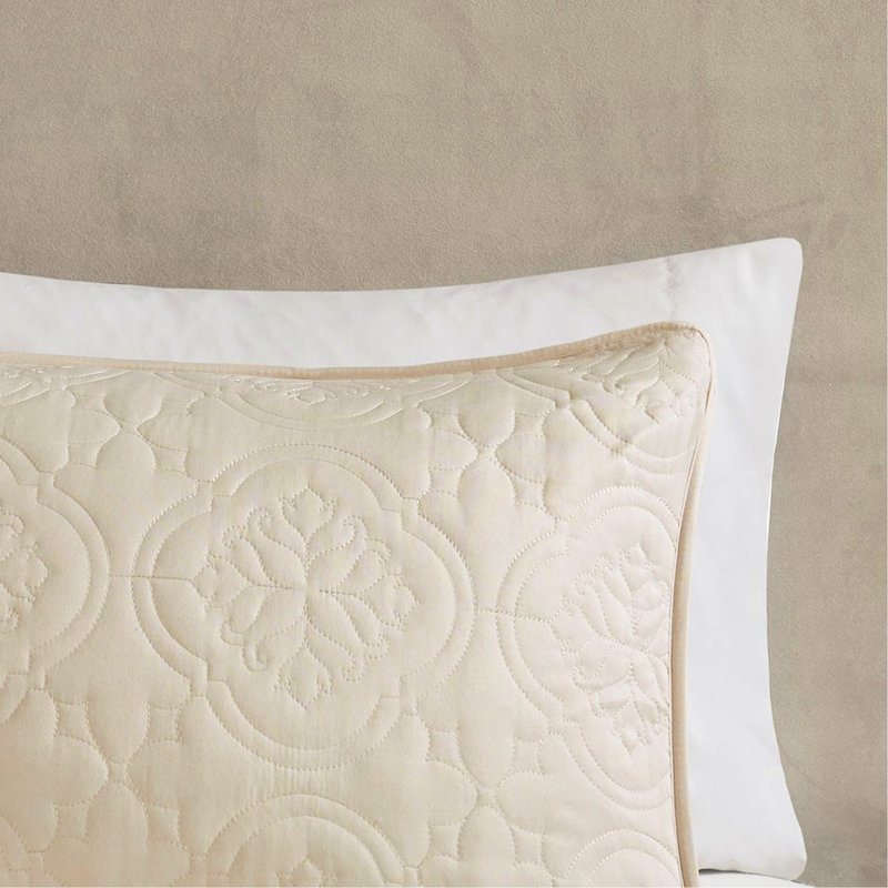 Grand couvre-lit 3 pièces réversible crème, matelassé médaillon élégant, excellent drapé, 2 taies décoratives, rembourré lavable à la machine, surdimensionné pour une meilleure harmonie