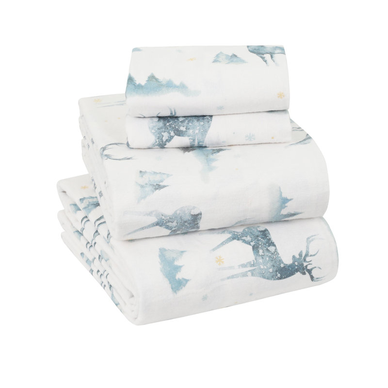 Colyt 100% Cotton Flannel Sheet Set, King Sheet Case Pack+Fitted Sheet + 2 Pillowcase, Stag