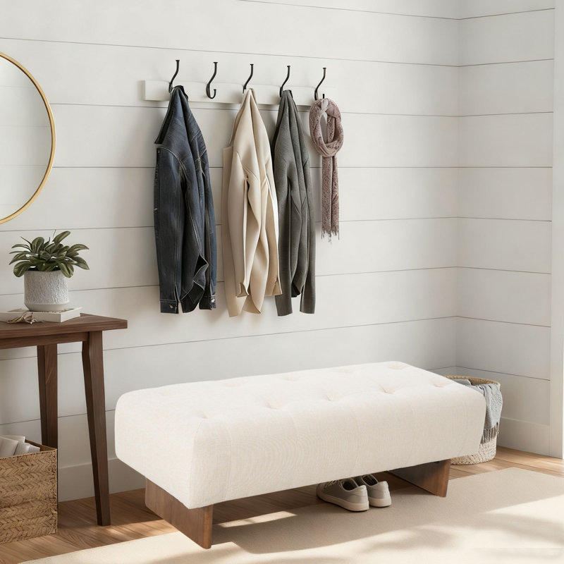 Banc de repose-pieds capitonné Mid-Century moderne, tissu beige avec base en bois de noyer pour les couloirs, la chambre à coucher et le salon