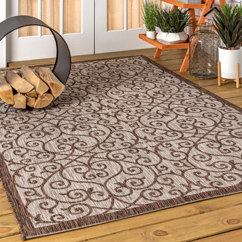 Haggerty Vintage Filigree Textured Weave Taupe/Espresso Indoor/Outdoor Rug, Rectangle 6' x 9'