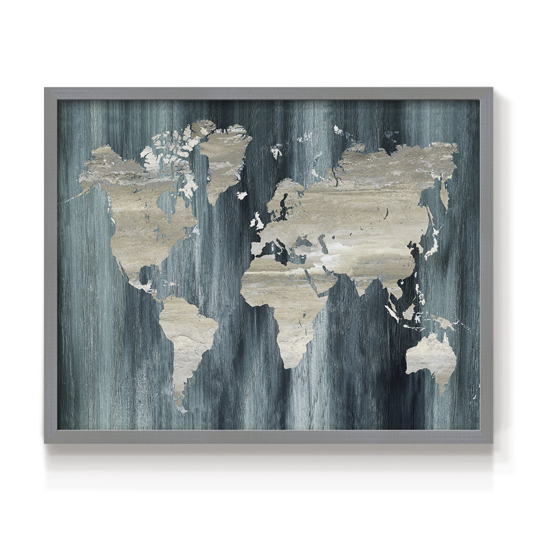 Carte du monde bleu marine - impression encadrée - réarmable, H 22 po x l 28 po, Gris