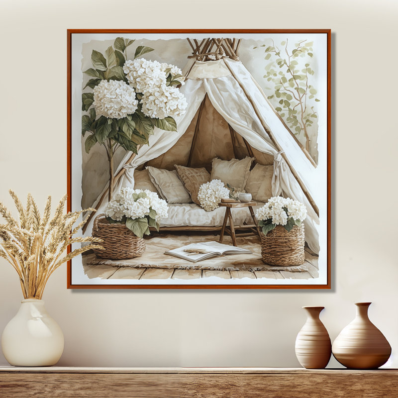 Doster Boho Hydrangeas In A Boho Tent II - Hydrangea Wall Art, H 36 po x l 36 po, Impression encadrée flottante, Brun