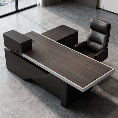 L Shaped Executive Desk with Drawers, Big Black Office Industrial Desk with Light, Modern Office Desk with Storage, Business Furniture Stainless Steel