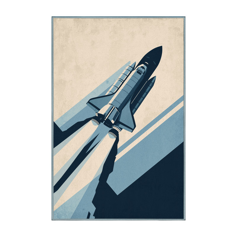 Soft Plush Eddleman Space Shuttle Rocket Modern Area Rug in Beige – SkyBlue Binding, 5x8