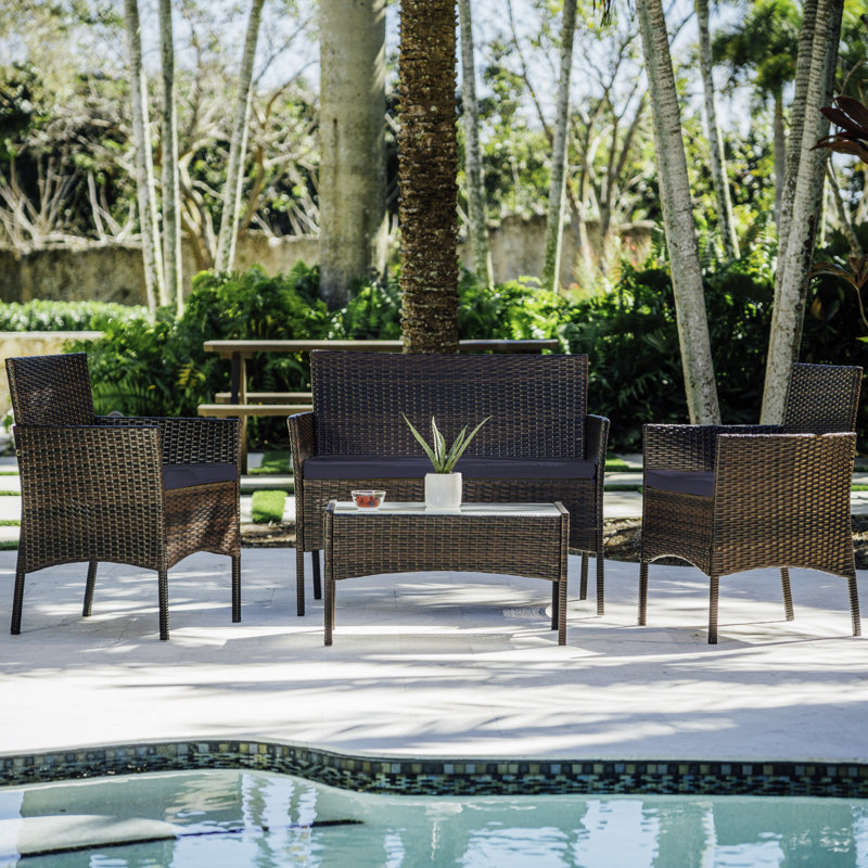 4-Person Outdoor Patio Conversation Seating Set, Brown Frame/Navy Blue Cushion