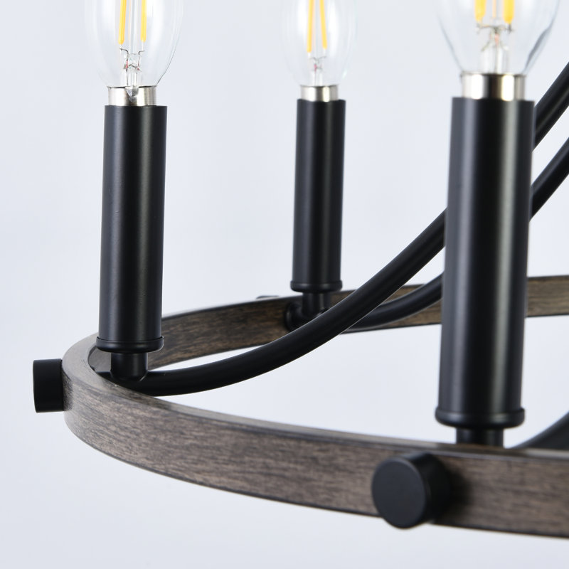 Luminaire rond rustique de style chandelier en forme de bougie à 8 lumières Mumme, Noir mat/brun, 8
