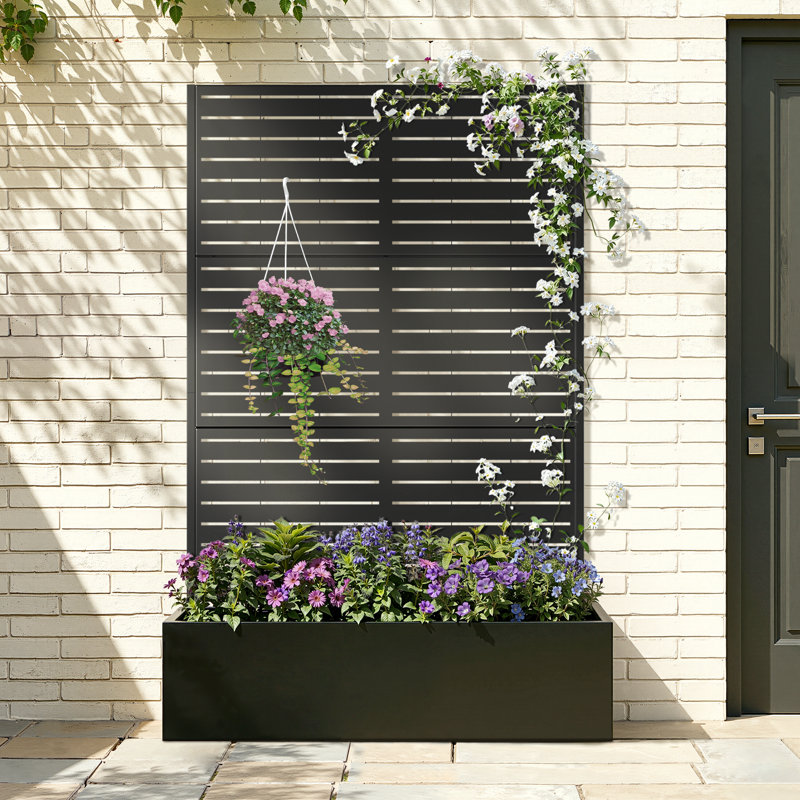 Metal Planter Box with Trellis, Outdoor Raised Garden Bed with Privacy Screen for Climbing Plants, Metal Garden Bed with Drainage Holes, Metal Planter Box for Patio or Balcony