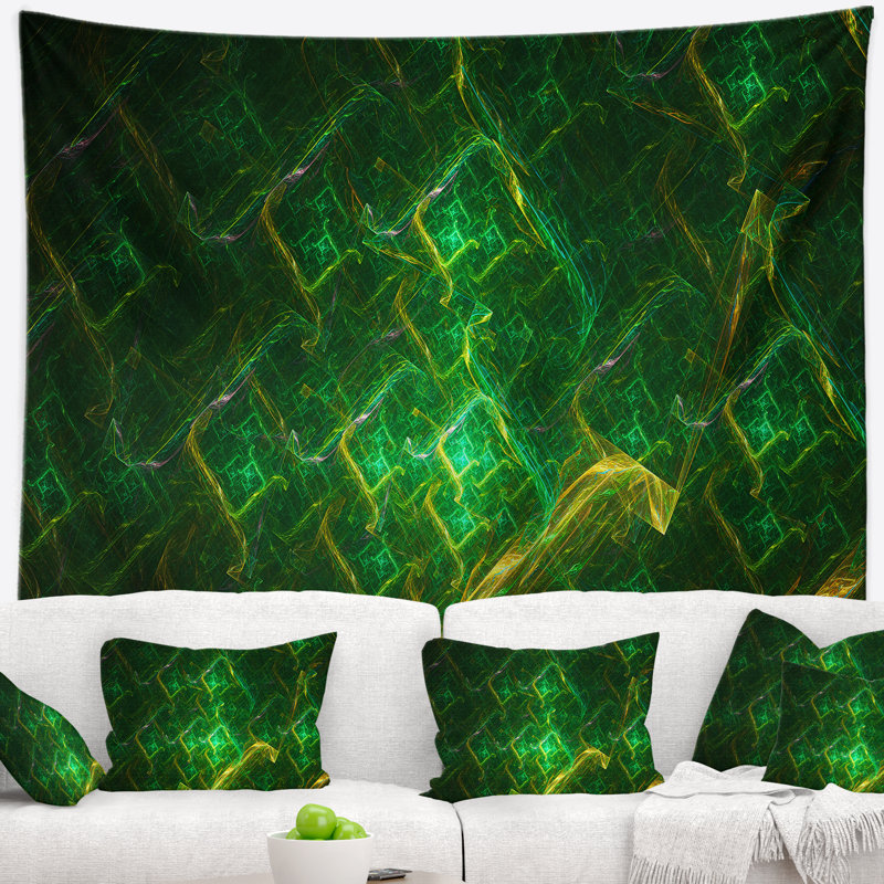 Tapisserie abstraite à motif fractal électrique vert, H 32 po x l 39 po