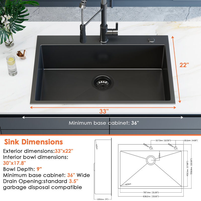 Évier de cuisine encastré 33 po x l 22 po en acier inoxydable de calibre 16