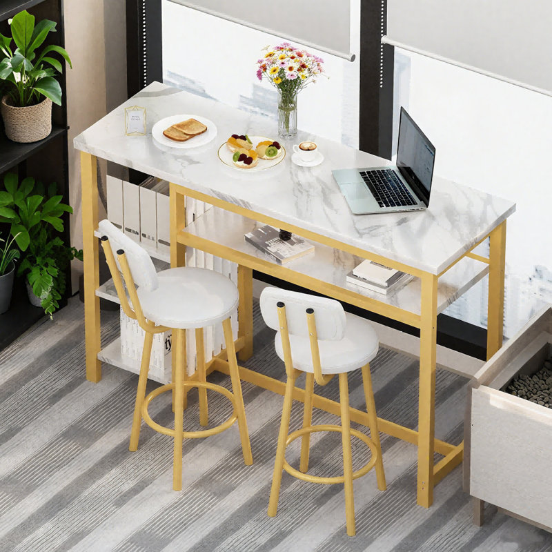 Bar Table Set For 2 With 4 Storage Shelves, 47" Modern Faux Marble Breakfast Table And 2 Upholstered  Counter Stools W/ Backrest And Footrest, 3-Piece Dining Set For 2, Space Saving Bar Height Table And Chairs For Kitchen,Dining Room, Living Room, Stud