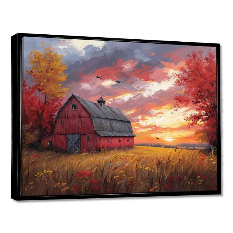 «Autumn Red Barn Breeze II» - reproduction d'art murale grange, Toile avec cadre flottant noir, H 12 po x l 20 po x P 1 po