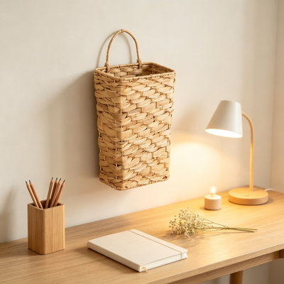 Natural Water Hyacinth Hanging Basket for Wall Door Decor and Home Organizing with Sticky Hook Included