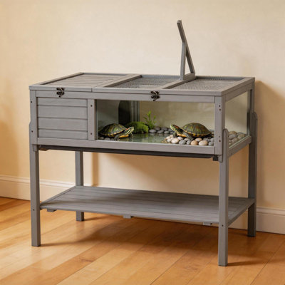 Tortoise Habitat, Wooden Tortoise Enclosure, Indoor & Outdoor, with Lamp Holder, Shelf Storage, Silding Tray, Cage Box Enclosure for Reptile Turtle Snake Lizard Chameleon -Gray