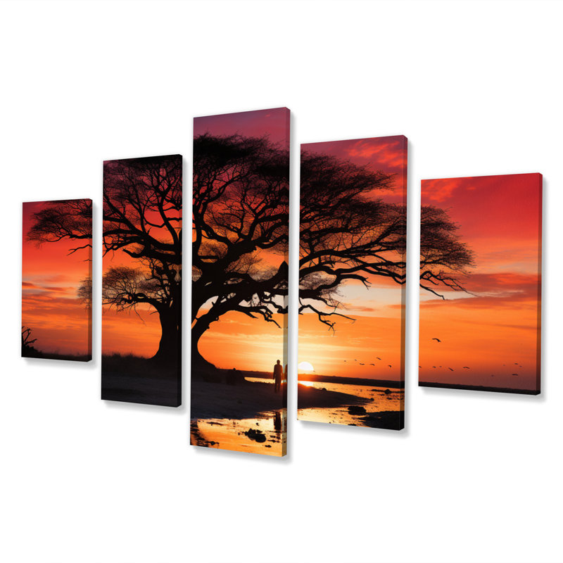 Coucher de soleil africain majestueux II - art mural africain, salon, 5 panneaux