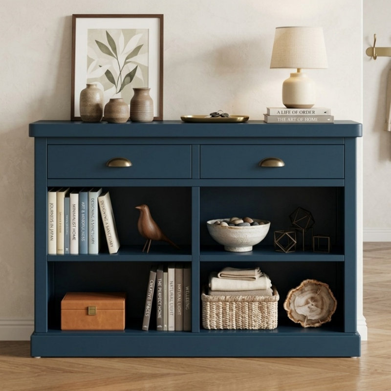 Console de style champêtre avec 2 tiroirs et étagères de rangement ouvertes, table d'entrée pour salon ou couloir