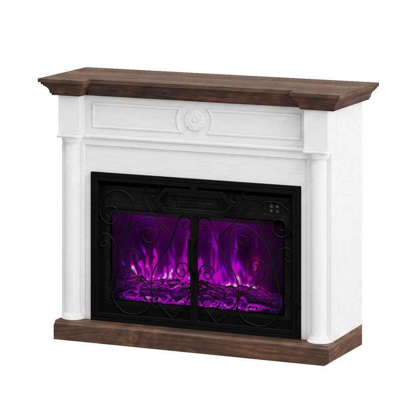 Meuble télé avec foyer électrique intégré de 119 cm (47 pouces), compatible avec les téléviseurs jusqu'à 55 pouces, style ferme, portes à volutes rétro, contrôle par application et flamme réglable, noir.