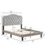 Grand lit plateforme en velours gris, bouton avec charmante courbe, support en lattes de bois, courbe captivante à assemblage simple, structure en bois, instructions faciles