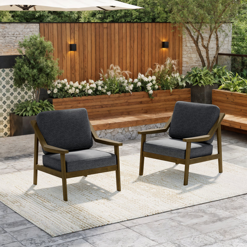 Solid Wood Teak Outdoor Lounge Chairs With Cushion And Arms, Brown, Dark Gray