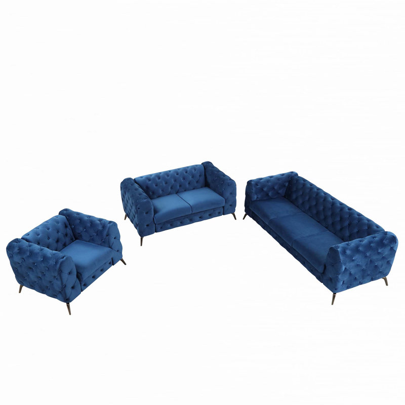 Ensemble de salon en velours 3 pièces Filofteia, Velours bleu