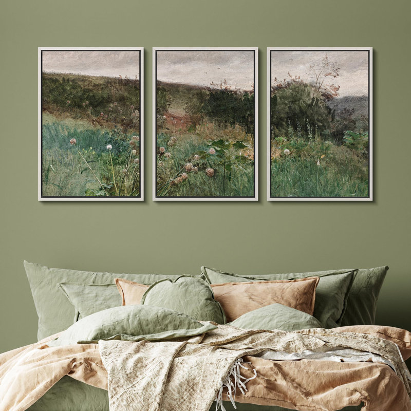 Forest Landscape " Wildflower Field Series Rustic Nature Country Home Aesthetic Illustration Modern Decor " 3 - Pieces, Blanc