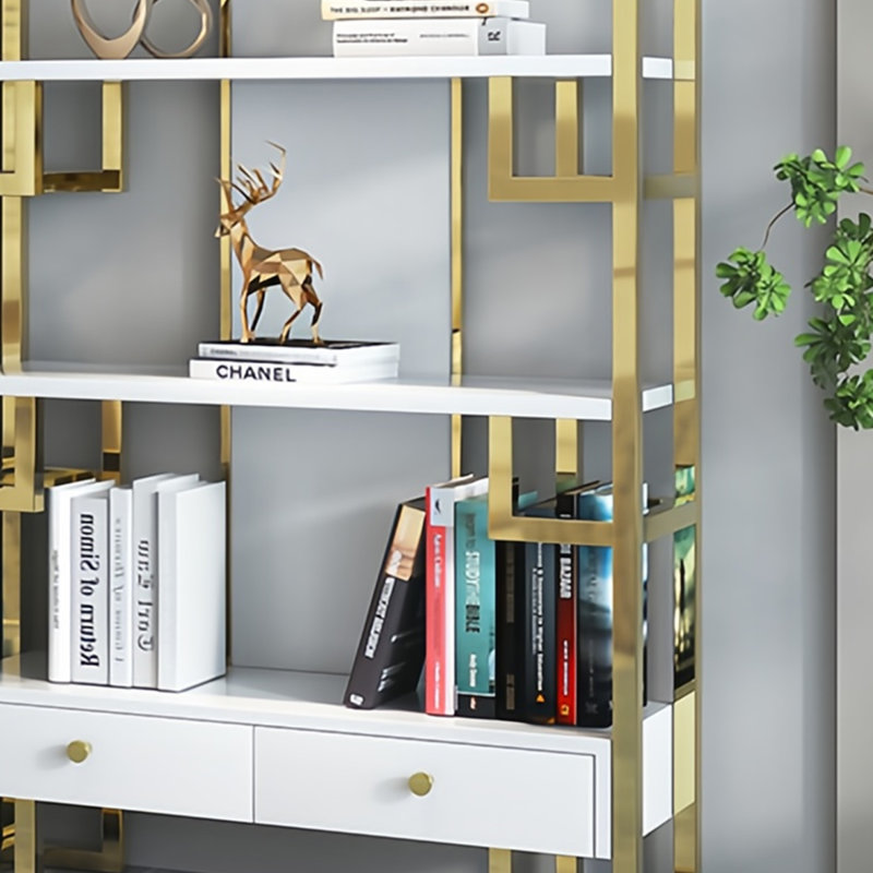 A light luxury and elegant bookcase, (4 Shelves) 78.7"H x 47.2"W x 11.8"D, White/Gold