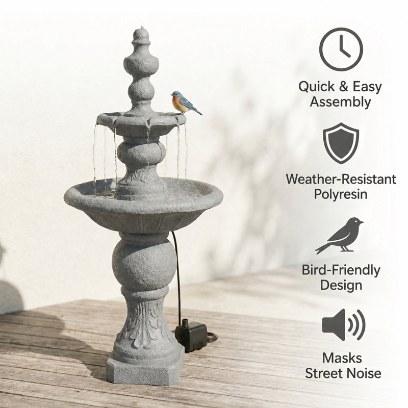 Plourde 2-Tier Classic Pedestal Outdoor Water Fountain with Adjustable Flow, Shallow Basin, and Weather-Resistant Design