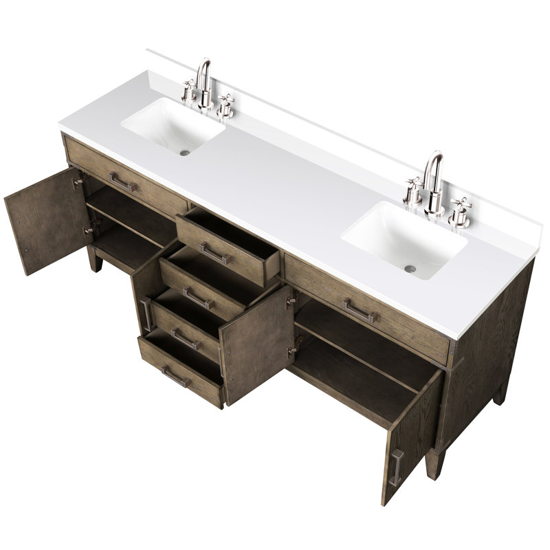 80 po De salle de bain double en chêne gris avec comptoir en quartz blanc, robinet et deux tiroirs de meuble-lavabo, quartz poli à la main, robinet à fermeture en douceur