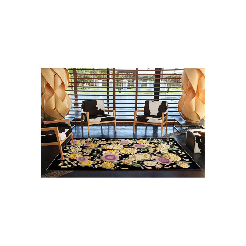 Tapis décoratif moderne à motif floral noir, Sous-tapis rectangulaire 2 pi 6 po x 9 pi 10 po
