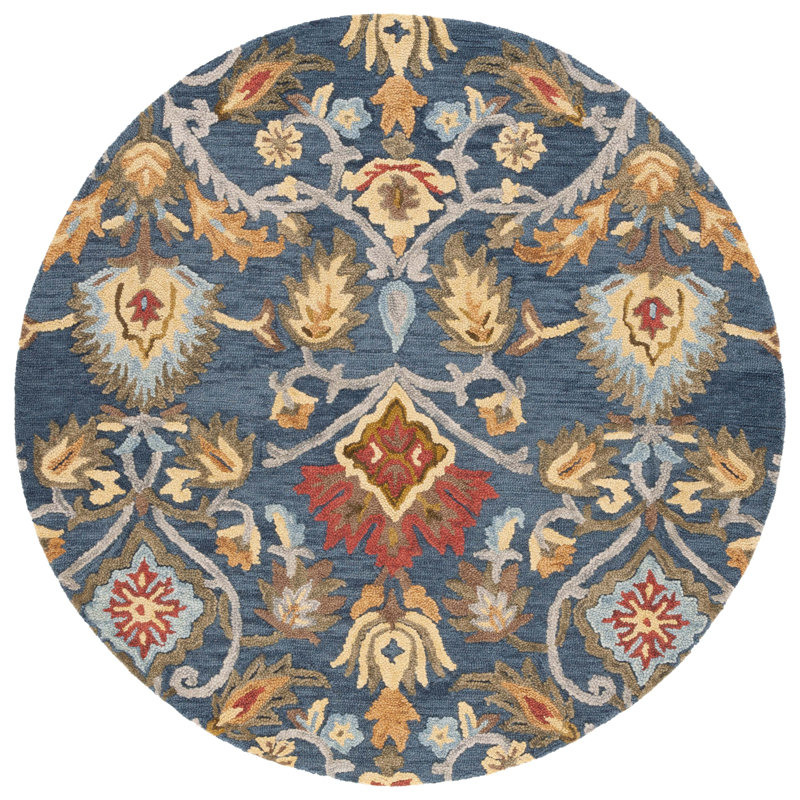 Floral Wool Hand Tufted Area Rug, Blue/Brown, Round 122 cm