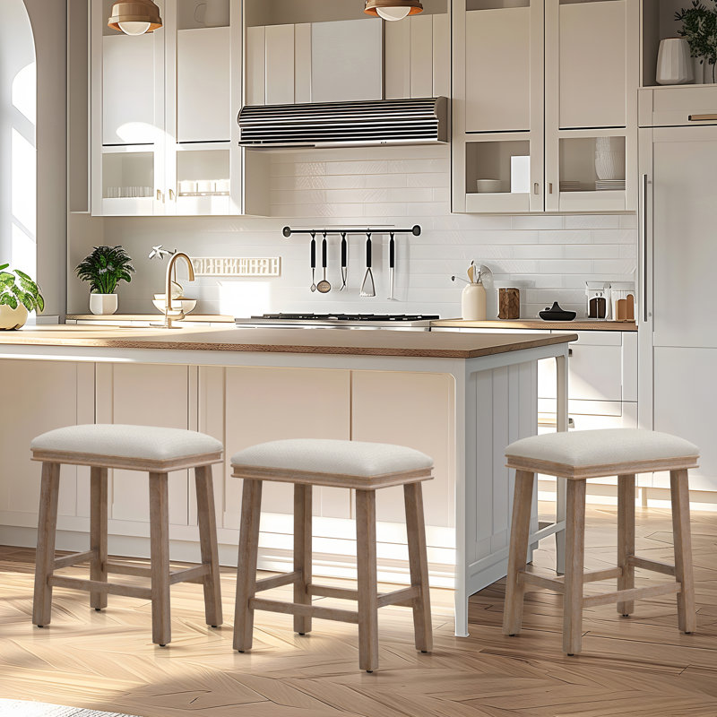 24" Backless Kitchen Counter Stool With Sponge Upholstery(set Of 3), Walnut, White