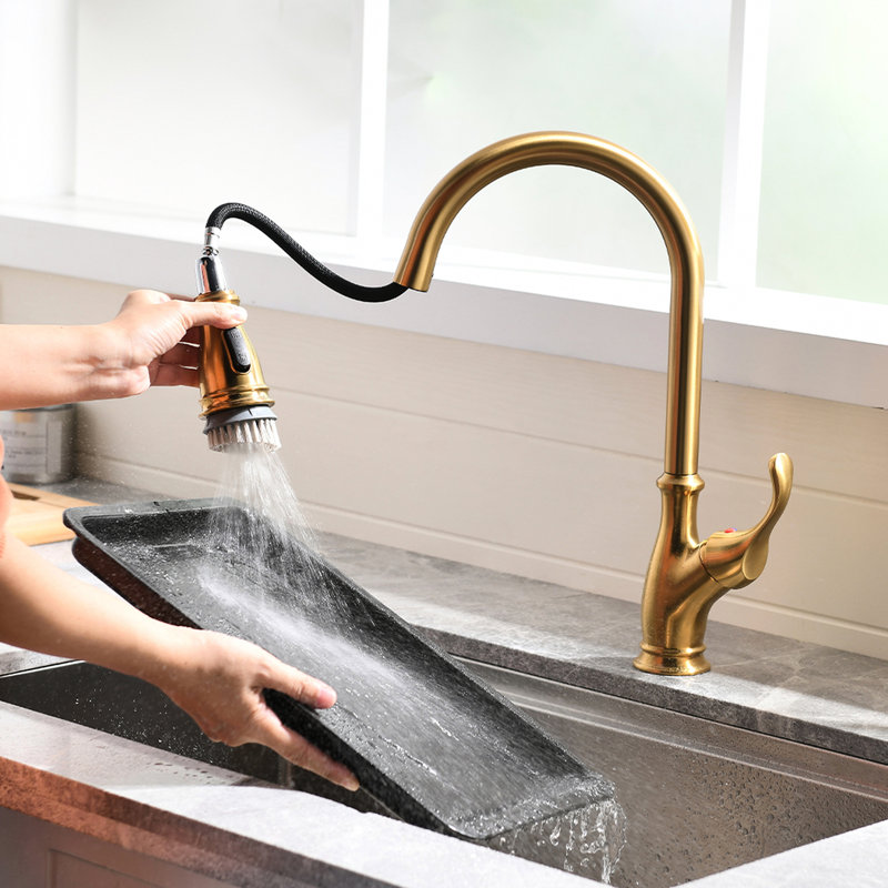 Gold Pull Out Kitchen Sink Faucet - 1 Hole High Arc Design With Ceramic Filler Single Handle For A Luxurious Appearance