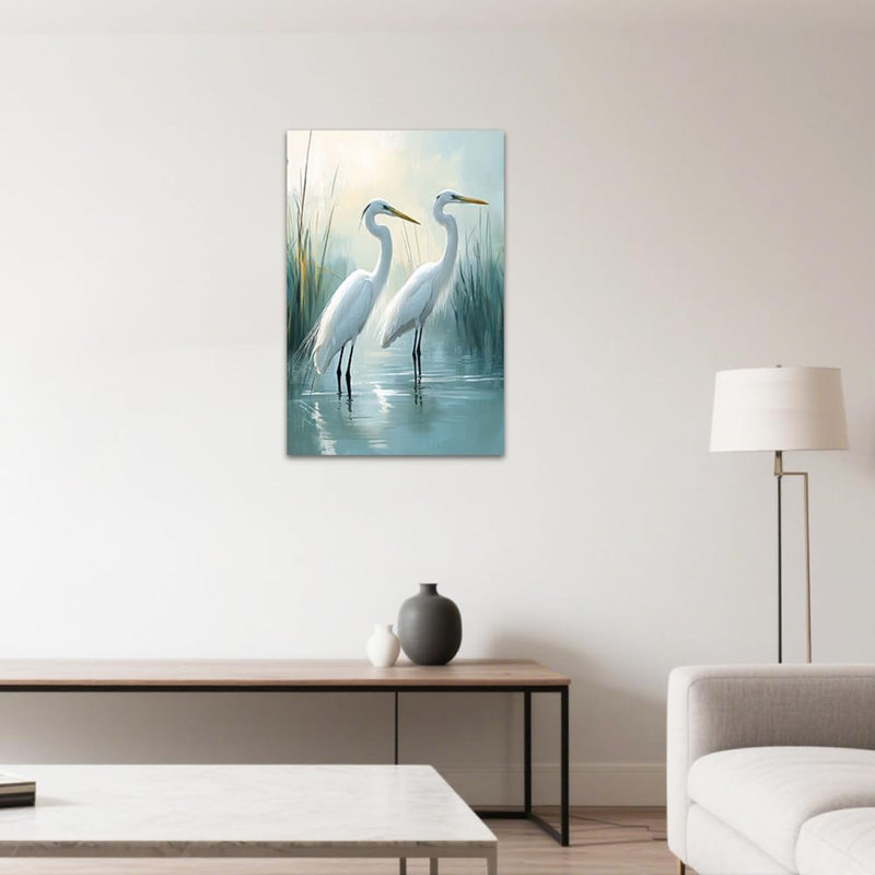 Héron blanc, décoration murale, aigrette, oiseau côtier, impression sur toile, héron, salle de bain, plage, bord de mer, photo encadrée (20 po x 30 po)