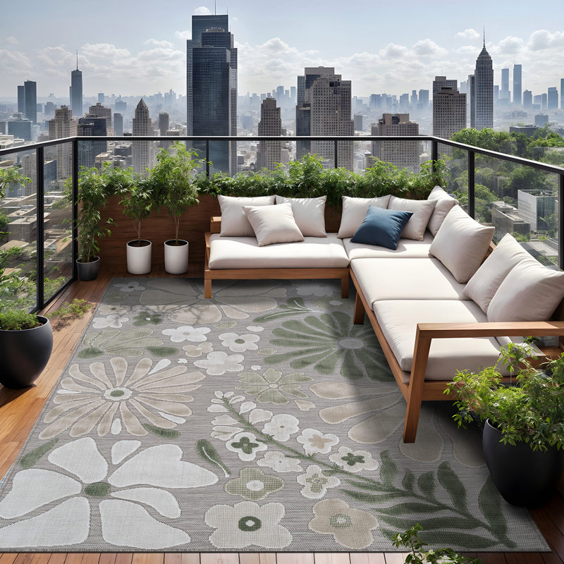 Tapis floral d'intérieur pour l'extérieur, Green, Rectangle 10' x 14'