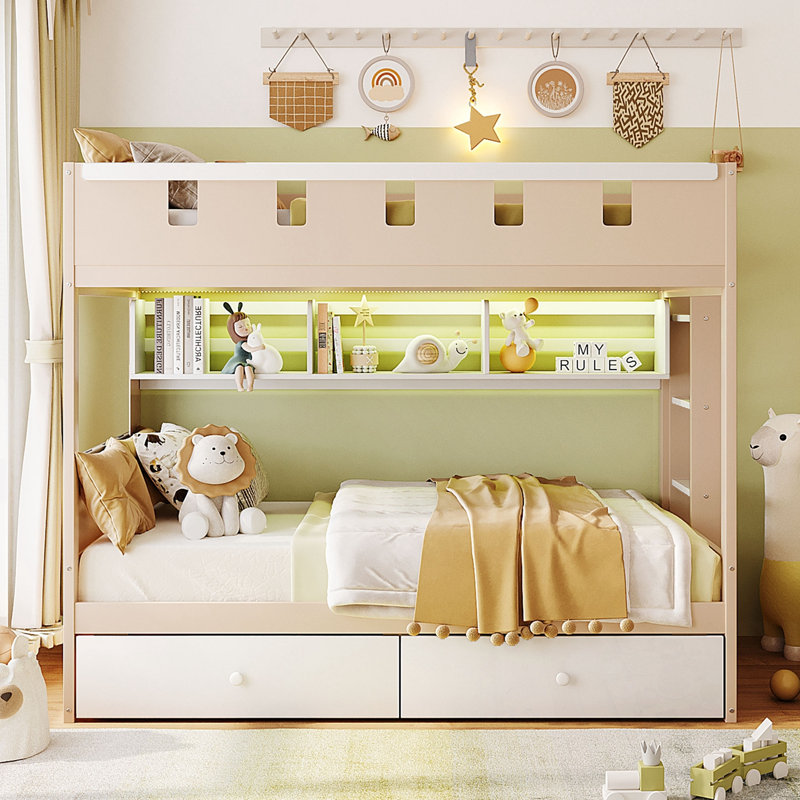 Lit superposé simple de style château avec 2 tiroirs, tablette et DEL, Blanc