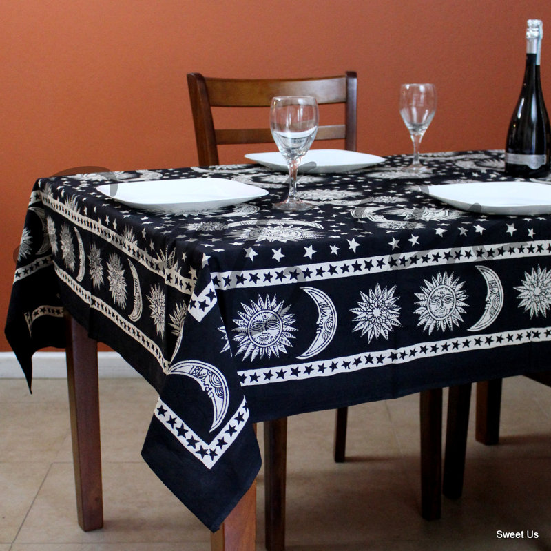 Cotton Celestial Tablecloth Rectangle Sun Moon Star, 70" W x 104" L