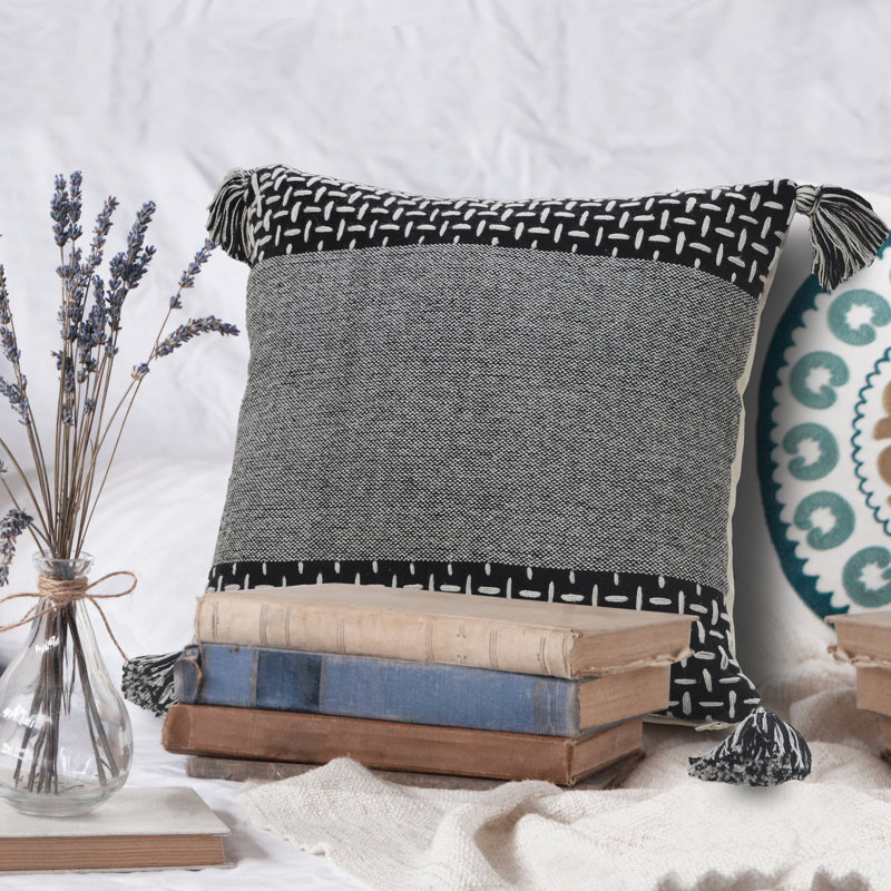 LR Home Interwoven Dash 20" Square Black/White Cotton Throw Pillow with Tassels