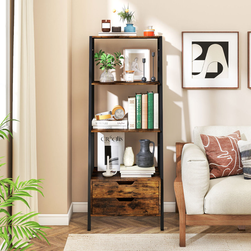 4-tier Bookshelf w/ 2 Storage Drawers Sturdy Metal Frame Anti-toppling Devices, Brown/Black