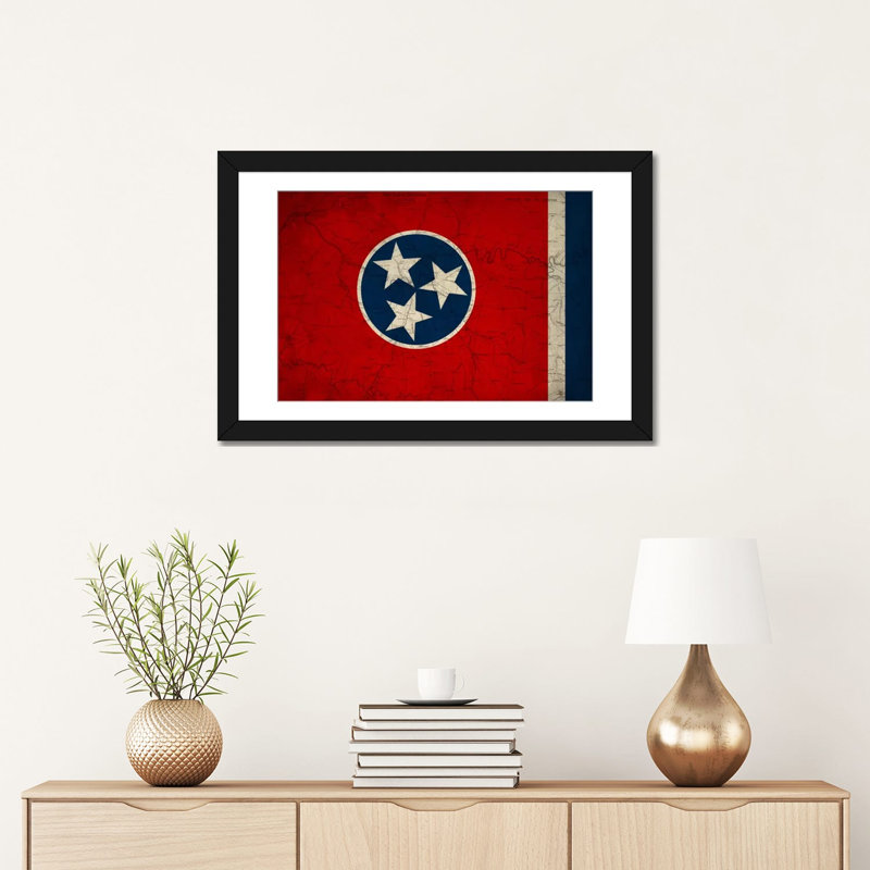 «Flags Tennessee Map», impression sur toile tendue, H 18 po x l 26 po x P 1,5 po, Toile avec cadre noir, Pas de tapis