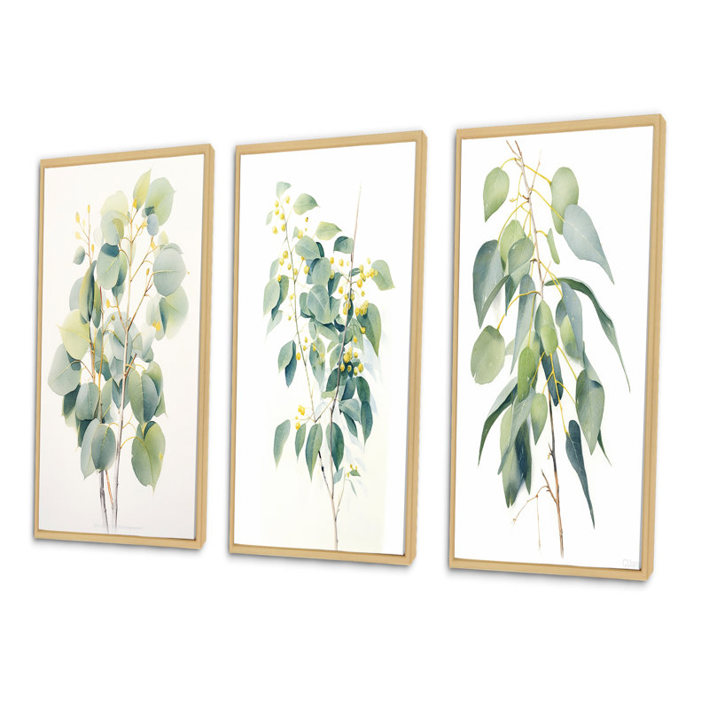 «Green White Minimalisme Eucalyptus Essence I», 3 pièces sur toile, Cadre naturel flottant, H 20 po x l 36 po