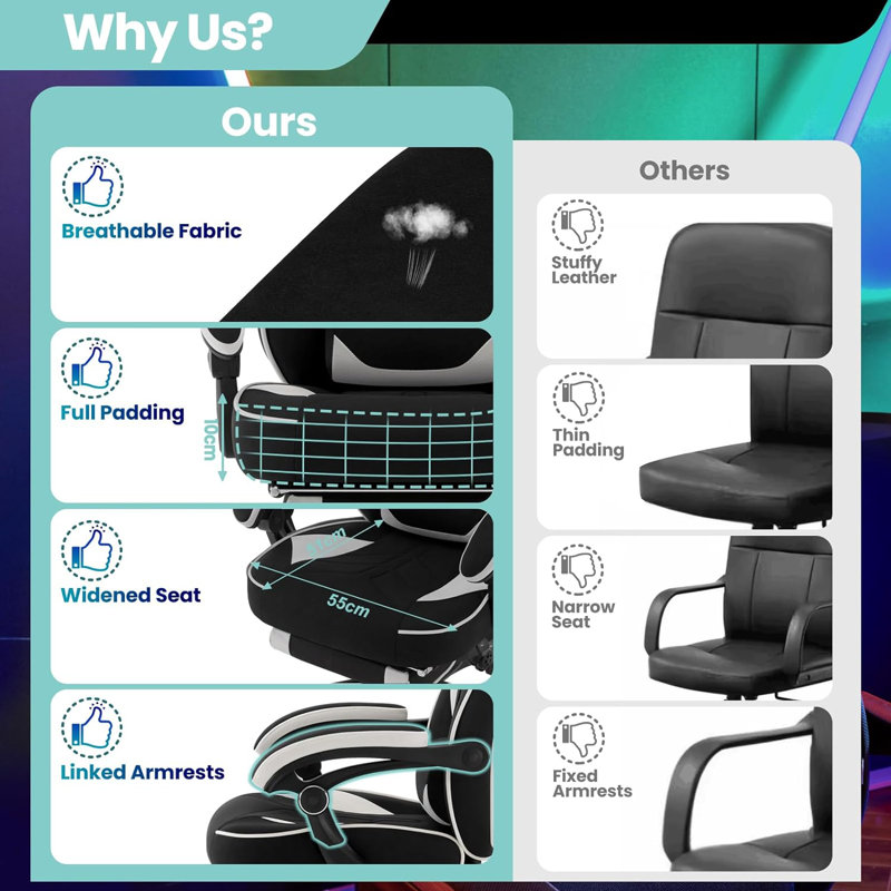 Inbox Zero Adjustable Reclining Ergonomic Swiveling PC & Racing Game Chair with Footrest in Black