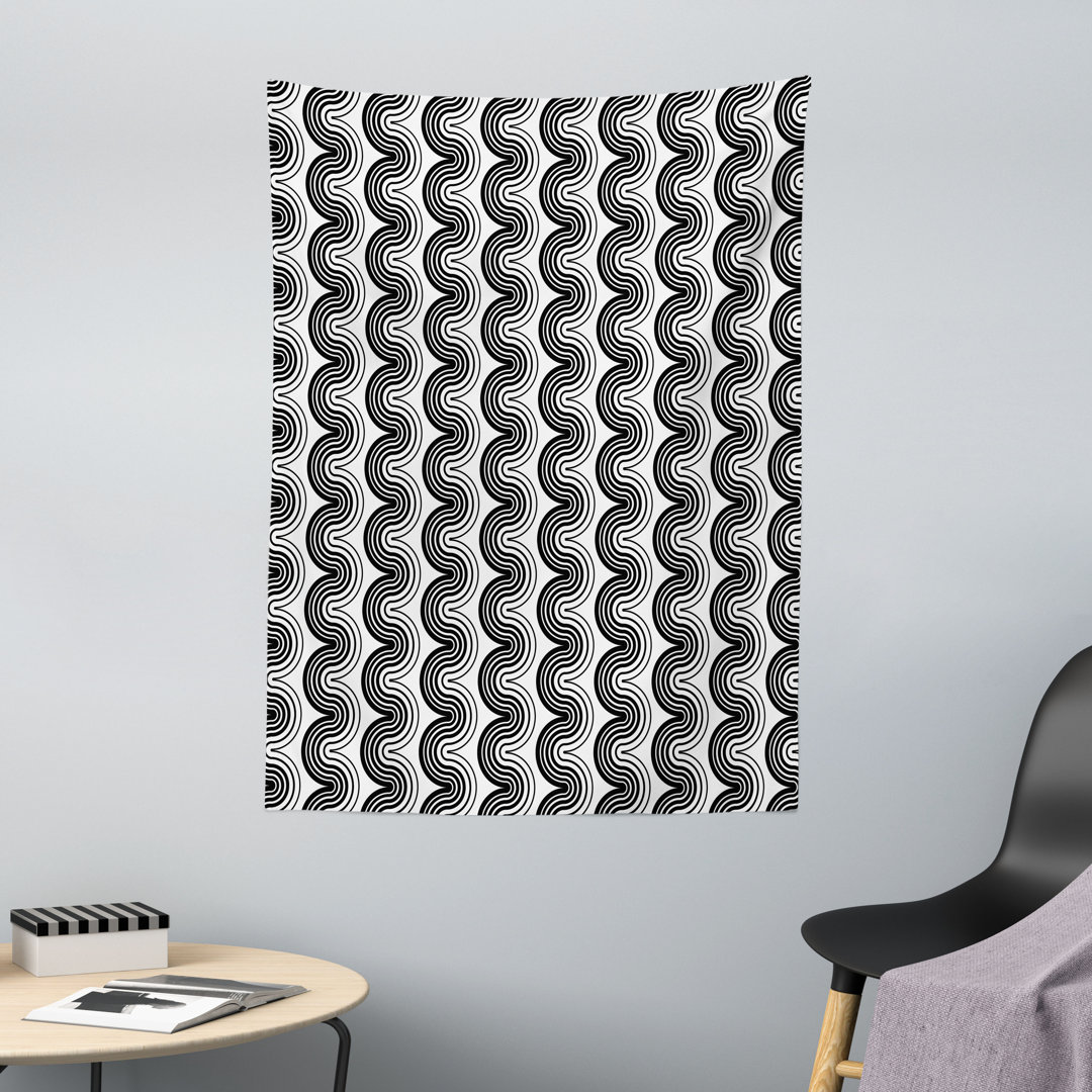 Wandteppich, Modern Wavy Retro Groovy, Charcoal Grau und Weiß