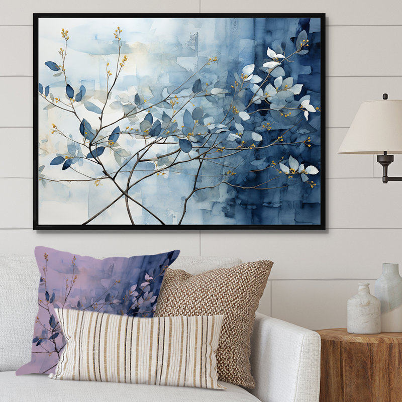 Art mural bleu et gris sur une branche I - Feuilles, Cadre flottant noir, H 12 po x l 20 po x P 1 po