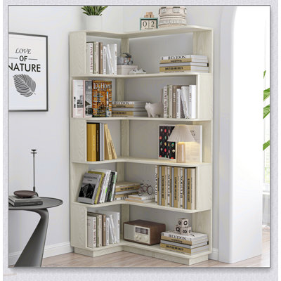 Bibliothèque de coin en L de 90 cm à 5 niveaux avec panneau anti-chute et dispositif de basculement pour le salon, la chambre à coucher et le bureau à domicile