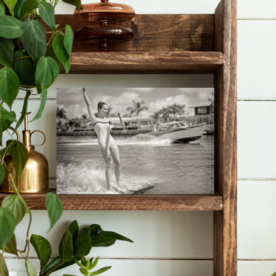 1950S Excited Woman Water Skiing Power Boat Speeding In Background On Palm Tree Lined Canal Miami Beach Florida Usa Classic Retro Vintage Palm Tree...
