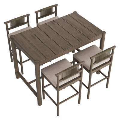 Akeya 5-Piece Outdoor Teak Wood Bar Set In Weathered Gray Pebble