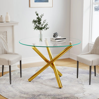 Table de salle à manger ronde 36 "en verre trempé transparent avec pieds tubulaires en métal, or