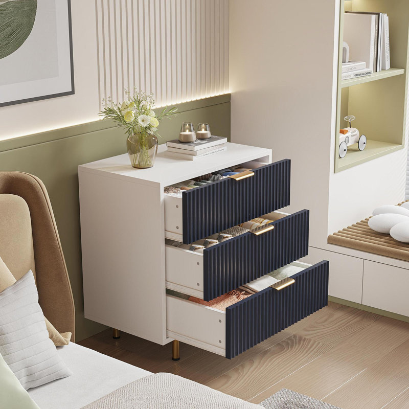 DFW 3 Drawer Dresser For Bedroom, Fluted Modern Nightstand With Deep Drawers, Chest Of Drawers With Wide Top, Wooden Dresser Organizer, Side Table For Living Room, Hallway, Kids Room White+Navy Blue