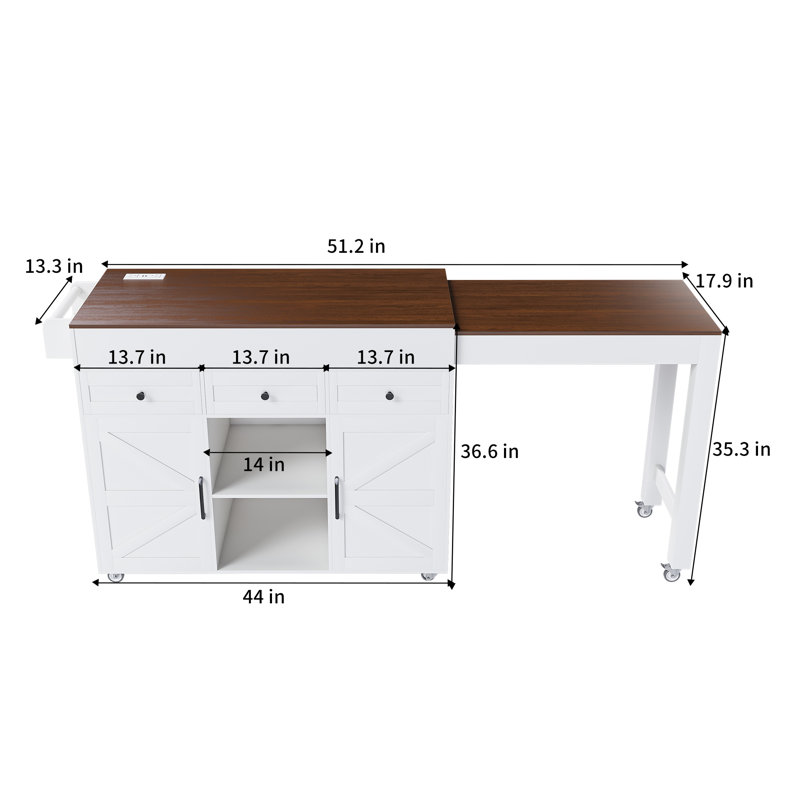 51" Rolling Kitchen Island With Retractable Dining Table And Power Socket - With 2 Drawers And 2 Door Cabinets