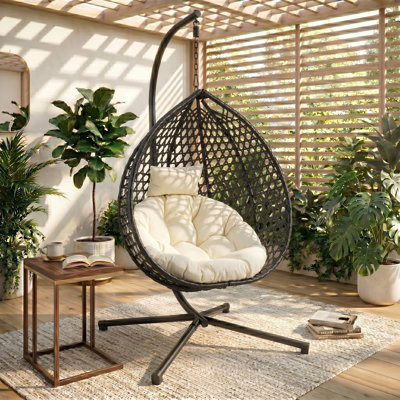 Fauteuil à œufs suspendu avec support, chaise hamac en rotin PE pliable avec coussin pour balcon extérieur